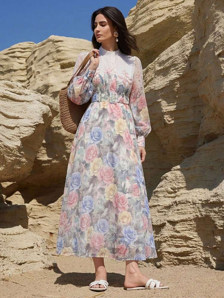 Women's Long Ditsy Floral Dress, Romantic Casual Waist-Cinched Elegant Dress For Spring And Summer
