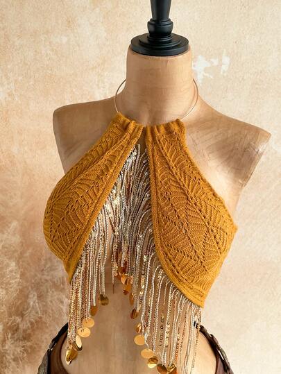 Soleia Sexy Halter Circular Ring Chain Knit Blouse, Bohemian, Boho, Vacation, Vintage, Holiday, Beach, Cruise