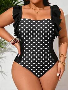SHEIN Swim Lushore Áo tắm liền thân cỡ lớn dành cho nữ, họa tiết da báo ngẫu nhiên, phối bèo nhún, dây đeo điều chỉnh được, gợi cảm, thời trang, ôm sát cơ thể, giúp thon gọn vóc dáng, thích hợp mặc hàng ngày. - Đen và trắng - Xem 1
