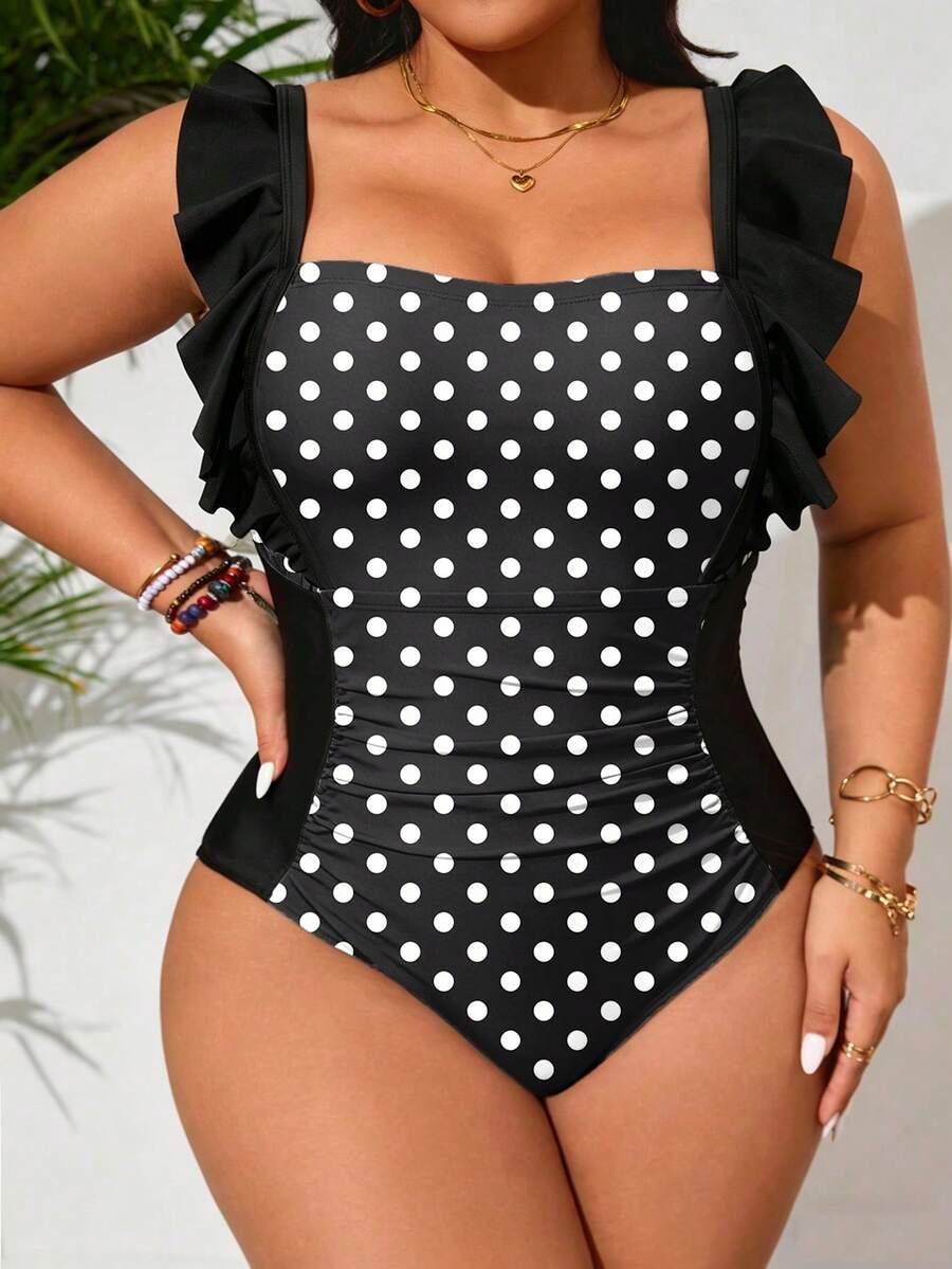 SHEIN Swim Lushore Áo tắm liền thân cỡ lớn dành cho nữ, họa tiết da báo ngẫu nhiên, phối bèo nhún, dây đeo điều chỉnh được, gợi cảm, thời trang, ôm sát cơ thể, giúp thon gọn vóc dáng, thích hợp mặc hàng ngày. - Đen và trắng - Xem 1