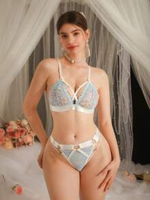 DelicateAllure Light Blue Triangle Cup Wireless Bra Set, Romantic & Elegant, Lace Patchwork Design, Slimming Effect - Baby Blue - View 5