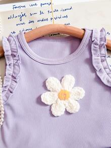 SHEIN 2 Stück/Set Kleinkind Mädchen Süßer Rundhals 3D Blumen Dekor Gerippter Ärmellos Top und Denim Rock mit Stickerei Plissee, Süß & Lieblich Sommer Outfit - Violett - Übersicht 6