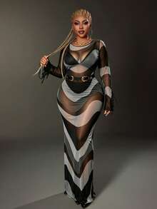 Plus Size Women Contrast Color Round Neck Long Sleeve Mesh Sheer Sexy Dress - Silver - View 3
