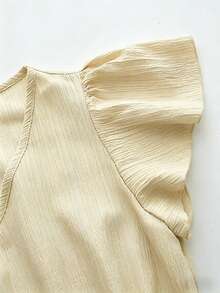 SHEIN LUNE 女士V领荷叶袖收腰褶裥喇叭连衣裙，休闲度假风，浅黄色，春夏款 - 杏色 - 查看 4