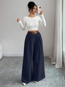SHEIN Elenzya 高腰阔腿裤，纯色设计，无需腰带，优雅款式，适合日常穿着和工作场合，复古时尚，适合毕业典礼、音乐节、赛马会、独立日等场合。 - 藏蓝色 - 查看 4