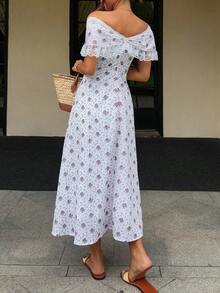 DAZY 女士时尚单肩蕾丝拼接印花长裙 - 紫色 - 查看 3