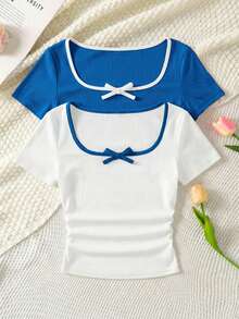 SHEIN 2pcs/Set Tween Girls' Casual Comfortable Contrast Stripe Bow Decor U-Neck Ruched Short Sleeve T-Shirt - Multicolor - View 3