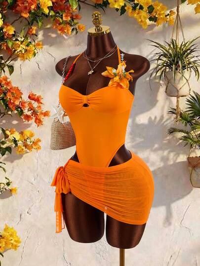 Amplova Women's Vacation Solid Color Pleated Halter Jumpsuit With Coverup And Mini Skirt 2 Pieces Set