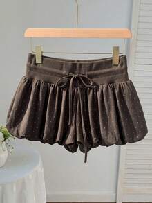 Comfortcana Quần short nữ mùa hè, kiểu dáng thường ngày, có dây rút ở eo, họa tiết chấm bi, thích hợp mặc đi làm. - Rỉ Nâu - Xem 2