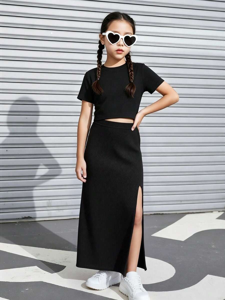 Sparklyn Tween Girl Striped Knitted Cropped Top & Midi Skirt 2pcs Set, Casual Daily Outfit - Black - View 1