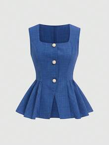 Elenzga Blusa sin mangas con cuello cuadrado y cintura ceñida para mujer, con diseño texturizado, botones de perla y dobladillo con volantes, para verano - Neblina azul - Ver 3