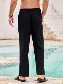 Mercer Haus Men's Solid Color Lightweight Linen Pants, Comfortable For Summer, Suitable For Beach, Casual, Sports - Black - View 3
