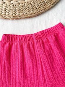 SHEIN 2pcs/Set Young Girl Pink Textured Round Neck T-Shirt And Shorts - Hot Pink - View 6