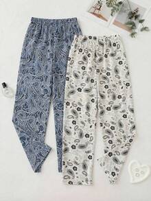 SHEIN Cotton Line 女士休闲抽绳多色两件套长款睡裤 - 彩色 - 查看 2