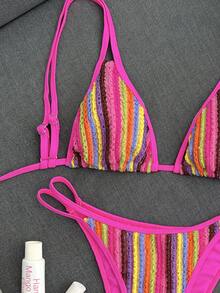 Swim Mod Women's 2-Piece Bikini Set, Tropical Cute Striped Print Textured Fabric Top With Adjustable Shoulder Straps And Cute Sexy Triangle Bottoms, Hot-Selling Beach Vacation Casual Elegant Valentine's Day Party Bikini Set - Multicolor - View 3