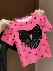 SHEIN Cute Bow Print Chic Minimalist Round Neck Short Sleeve T-Shirt,Suitable For Summer,Black Elegant Precise Pattern,Casual Simple Style Young Girls - Multicolor - View 3