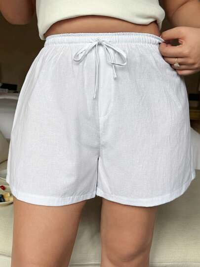 Dazy Plus Quần pajama ngắn kẻ sọc tối giản có khuy cài, quần ngủ màu trắng cỡ lớn dành cho nữ, thích hợp cho mùa xuân và mùa hè.