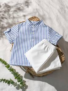SHEIN Vintaside Kids 两件套男婴可爱休闲条纹polo衫和松紧腰条纹裤套装，适合生日派对、晚宴、演出、婚礼、婴儿派对等场合。 - 藍色 - 查看 5