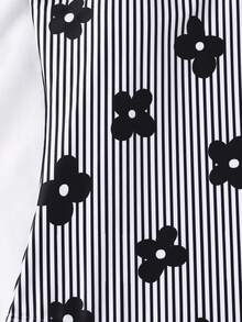 SHEIN 少女可爱碎花条纹蝴蝶结装饰连体泳衣，夏季 - 黑與白 - 查看 7