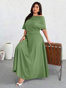 Firerie Plus Size Women's Fashionable Solid Color Off-Shoulder Long Dress - Green - View 5