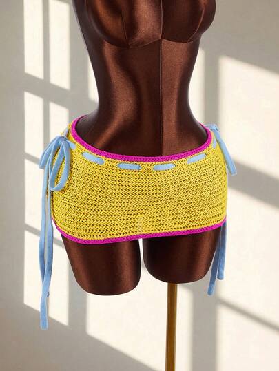 Amplova Minifalda de mujer de crochet con bloques de color, conjunto de verano sexy y de moda