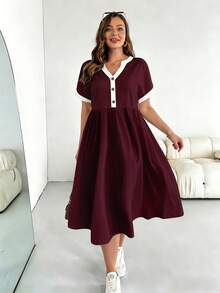 SHEIN Essnce Plus Size Summer Casual Color Block Cutout Neck Dress - Burgundy - View 4