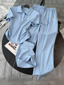 Franclia Embroidered Minimalist Women's Polo Collar T-Shirt + Pants Set, Gift For Friends - Baby Blue - View 3