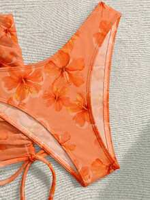 SHEIN WYWH Bộ bikini hai mảnh kiểu yếm cho nữ, họa tiết hoa màu cam, thích hợp cho kỳ nghỉ. - Nhiều màu - Xem 3