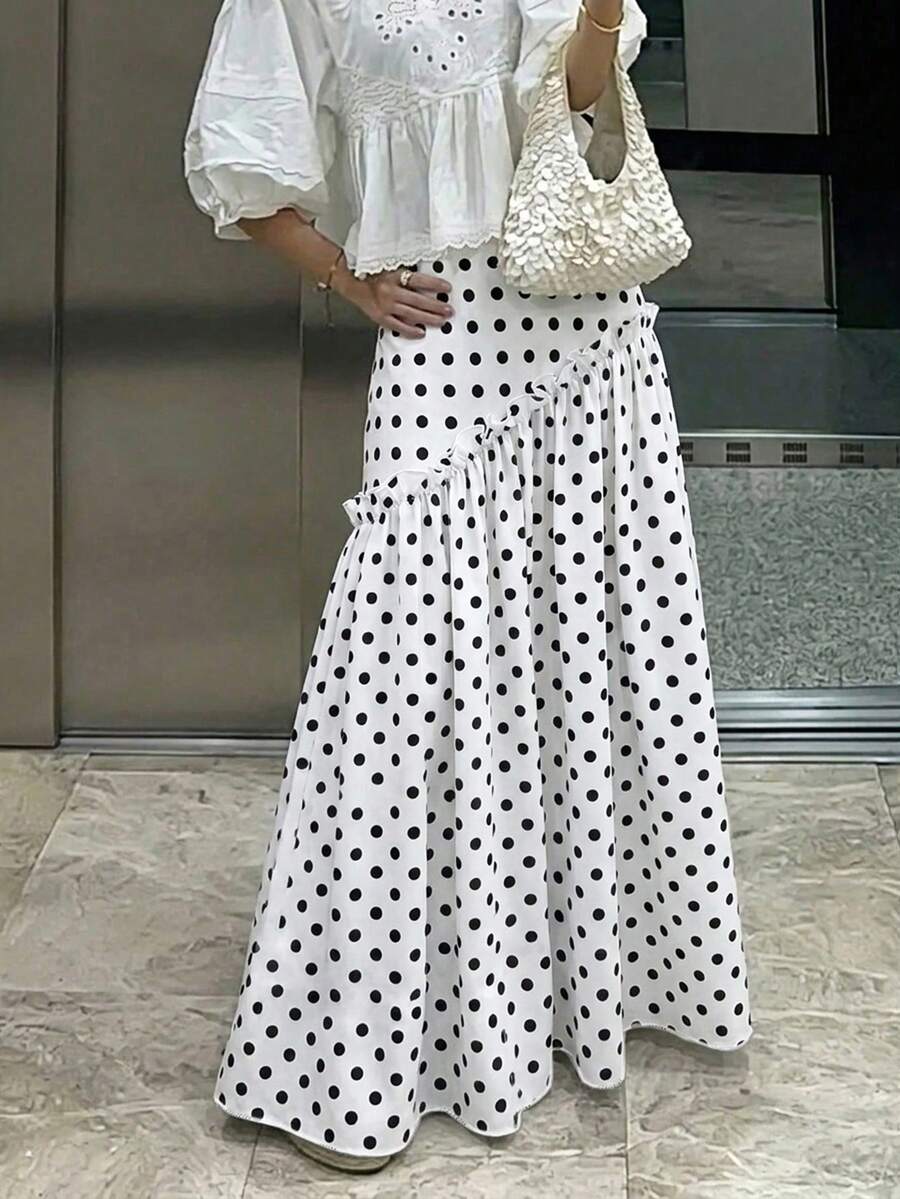 SHEIN Elenzya 女士长款夏季半身裙，适合夏季度假、嘉年华、海滩等场合，优雅度假装扮，休闲波点不对称荷叶边设计白色半身裙 - 白色 - 查看 1