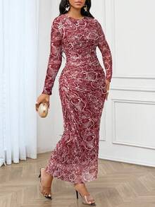 SHEIN Lady Four Season Party Print Women's Vintage Printed Pleated Dress Elegant Women Dresses Long Sleeve Dress Wedding Dress Guest Bridesmaid Dress Fall Dresses Vintage Dress Burnt Orange Dress - Red - View 6