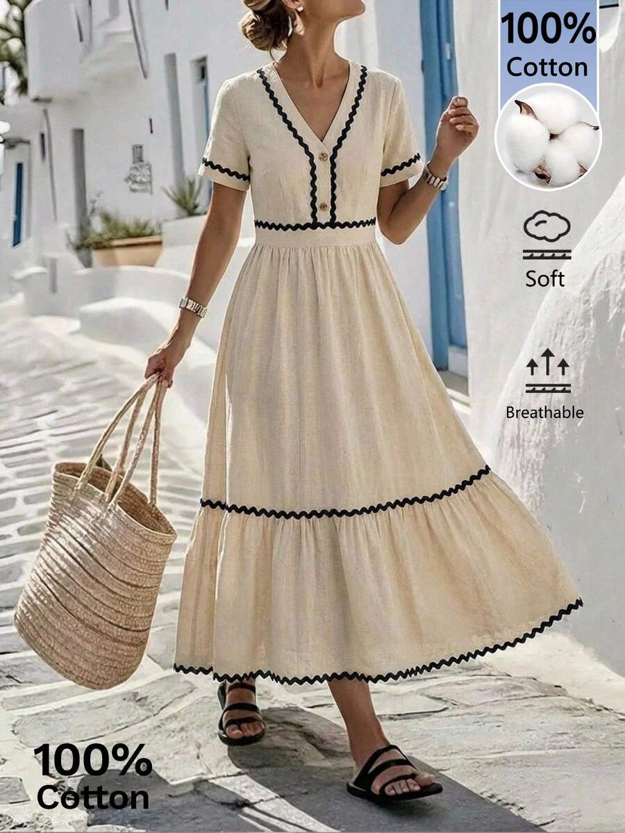 Vestido casual de vacaciones de mujer con cuello en V y manga corta hasta la pantorrilla - Albaricoque - Ver 1