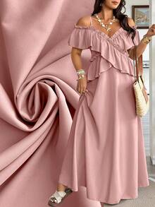 Vionelle Plus Size Women's Dusty Pink Summer Boho Spaghetti Strap Dress, Elegant Ruffled Criss-Cross Off-Shoulder Long Dress, Wedding Vacation Guest Tea Party - Baby Pink - View 1