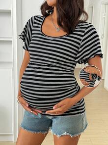 SHEIN Áo thun ngắn tay kẻ sọc dành cho bà bầu, cho con bú, thích hợp mặc hàng ngày, đa năng. - Đen và trắng - Xem 1