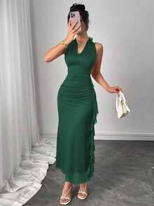 Modelyn Đầm hai dây nữ màu trơn, eo xếp ly, xẻ tà bên hông, viền bèo nhún. - Màu xanh lá cây đậm - Xem 1