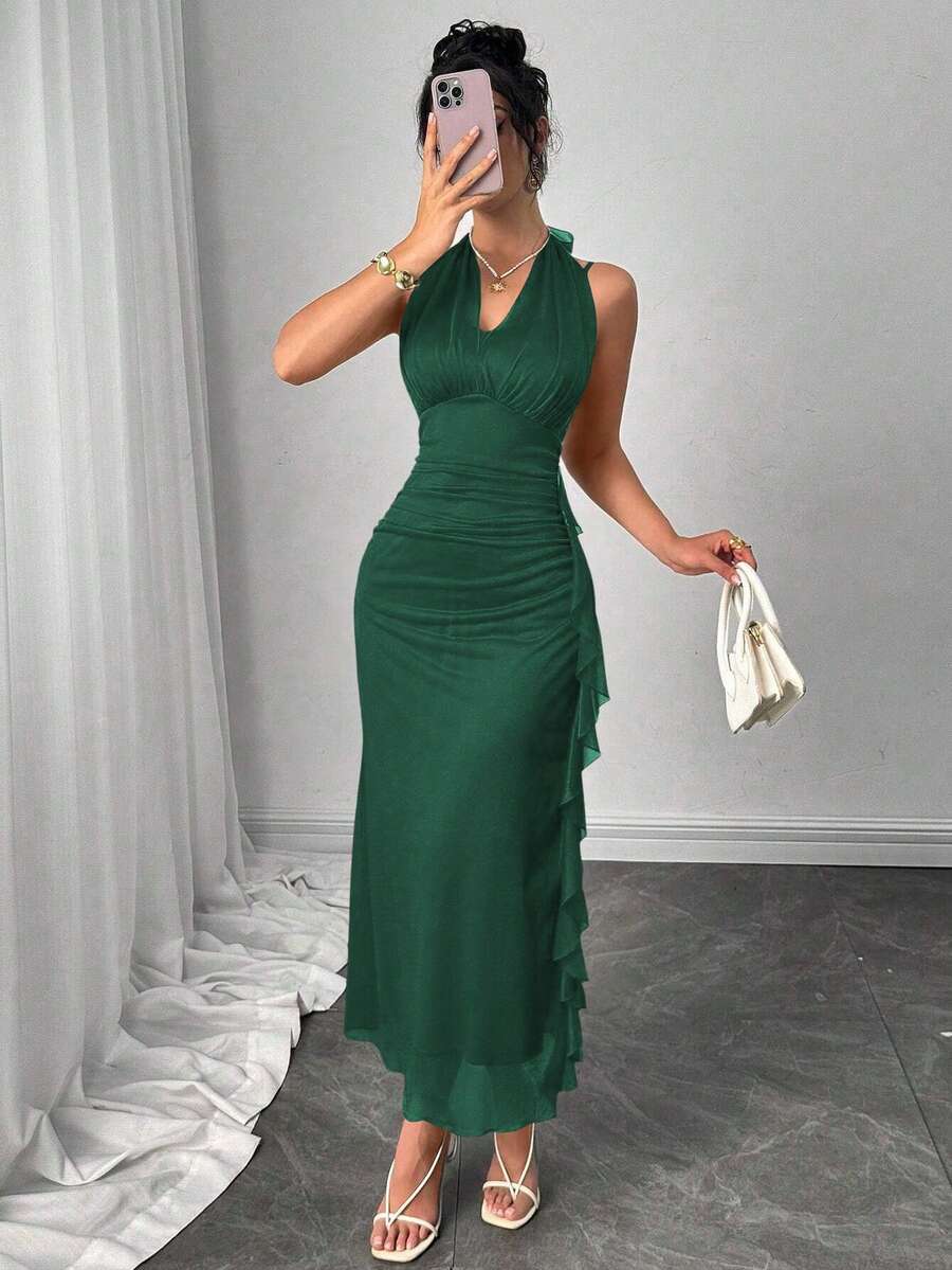 Modelyn Đầm hai dây nữ màu trơn, eo xếp ly, xẻ tà bên hông, viền bèo nhún. - Màu xanh lá cây đậm - Xem 1