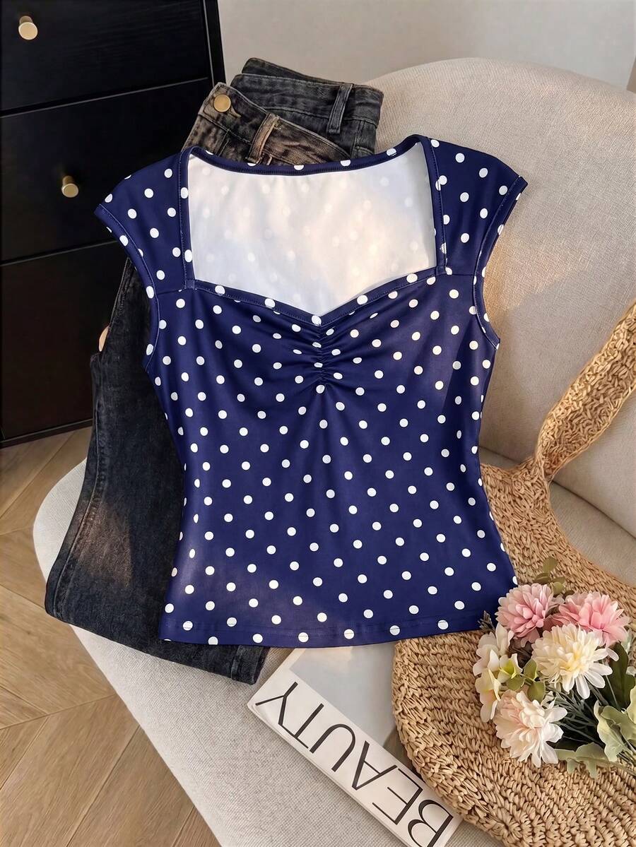 SHEIN 女童蓝白波点褶皱胸部休闲T恤，甜美学院风，Y2K时尚，适合青少年，适合暑假、返校、假日家庭户外野餐、日常穿着，藏蓝色修身短袖上衣 - 藏蓝色 - 查看 1