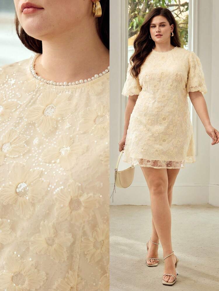 PLUS SIZE ELEGANT MINIMALIST DRESS WITH FAUX PEARL CHAIN, JACQUARD TEXTURE FABRIC