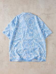 SHEIN X The Smurfs 男士休闲卡通印花短袖衬衫，夏季款 - 藍色 - 查看 2