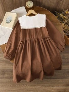 SHEIN Vestido Fofo com Colarinho de Marinheiro, Mangas Farol e Estampa Floral para Meninas Adolescentes - Castanho - Visão 3