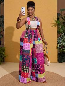 Maweii Plus Size Women Fashion Holiday Patchwork Print Loose Wide Leg Jumpsuit Pants - Hot Pink - View 6