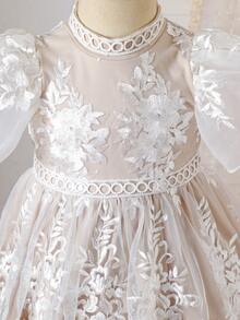 Baby Girl White Floral Summer Elegant Wedding Guest Dress,Stand Collar Short Sleeve Ruffle Hem Lace White Dress,Fashion Casual Dresses For Girls - White - View 5