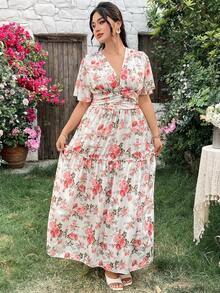 Modelyn Plus Size Floral Print Waist Cinched Dress, Casual Elegant Holiday Wear, Spring/Summer - Apricot - View 9