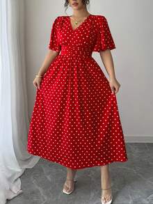 SHEIN Elenzya Đầm cỡ lớn màu hồng chấm bi ôm sát cổ chữ V chéo, thanh lịch, thoải mái, lãng mạn, thích hợp cho kỳ nghỉ hè, đi làm. - Đỏ - Xem 5