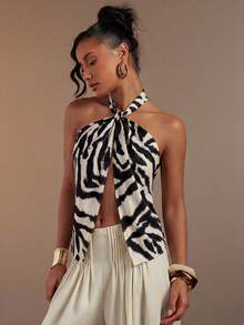 Hauture Blusa de lino con cuello halter, sin espalda y estampado abstracto sexy para mujer - Multicolor - Ver 4