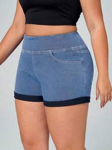 Flexra Celana Pendek Denim Kasual Musim Panas Ukuran Besar dengan Desain Cuci Rusak Warna Biru Tua Lembut untuk Pemakaian Sehari-hari Celana Pendek Wanita Ukuran Besar - Biru - View 5