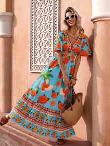 Flora Isola Flora Isola Women Bohemian Tropical Maxi Dress Spring Summer Blue Floral Print Multi-Color Elegant Romantic Light Luxury Outfit For Island Vacation Beach - Blue - View 5