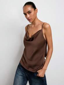 SHEIN Maija Summer Camisole, Spaghetti Strap, Open Back, Tie Strap, Drape Neckline, Satin Sheen, Casual & Comfortable, Urban Backless Top Tied São João Women's Clothing Mother's Day - Brown - View 3