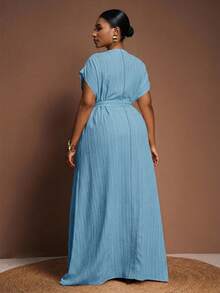 Veslaya Plus Size Women's Summer Versatile Casual All-Match Beach Elegant Ruffle Tie Front Short Sleeve Dress - Baby Blue - View 2