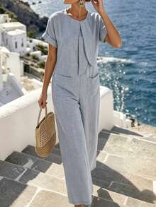 Louniche Bộ jumpsuit dài thoải mái dành cho nữ, chất liệu giả denim, cổ tròn, thắt dây, có túi, thích hợp cho kỳ nghỉ hè/mùa xuân. - Màu xanh lam - Xem 8