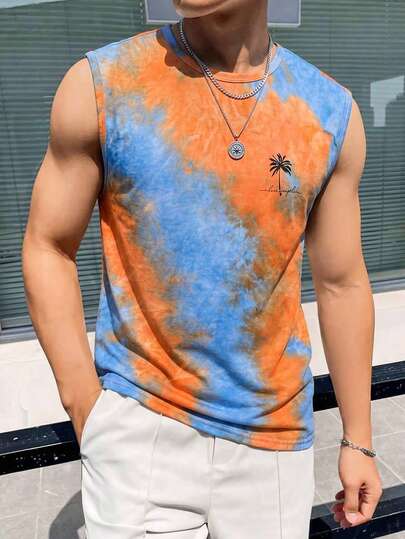 SHEIN Áo tank top cổ tròn họa tiết cây dừa nhuộm màu tie-dye dành cho bé trai và thiếu niên, thích hợp mặc đi làm, đi học, đi chơi hàng ngày, chơi thể thao, mùa xuân & hè, đi nghỉ mát.